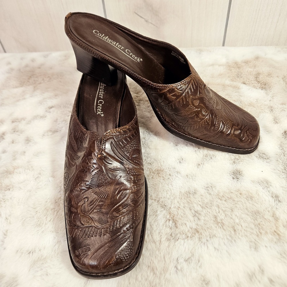 Coldwater Creek Brown Embossed Leather Square Toe Block Heel Mules 7.5 M Western